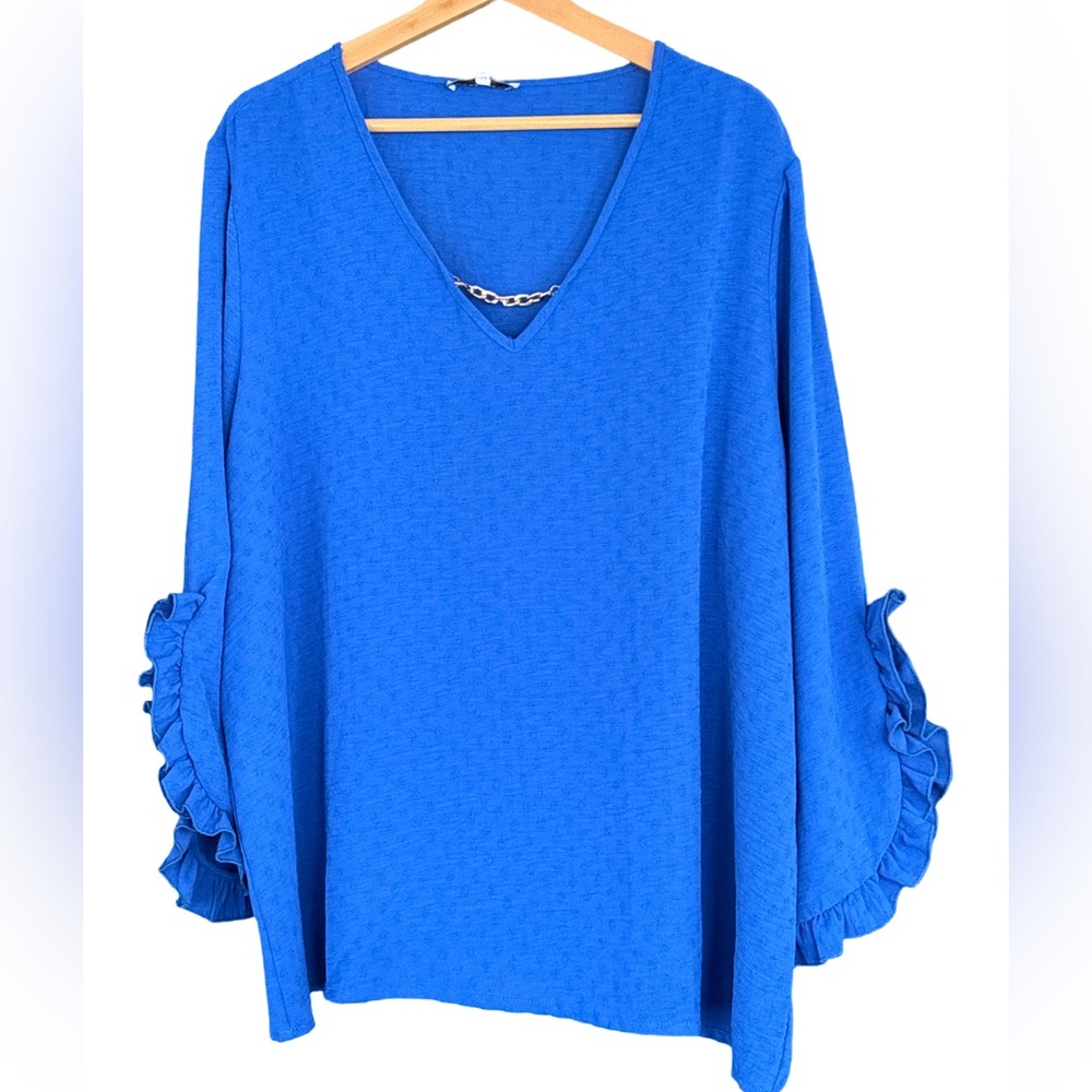 RUNWAY READY PLUS SIZE WOMENS BLUE V-NECK RUFFLE LONG SLEEVES TOP.  3X